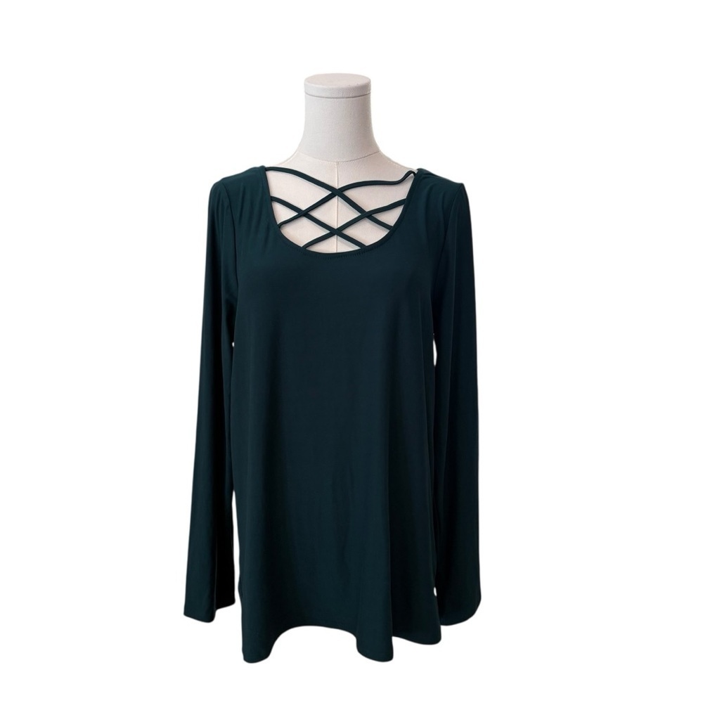 NEW Women's Large Deep Green Long Sleeve Soft Stretch Criss Cross Neckline Top